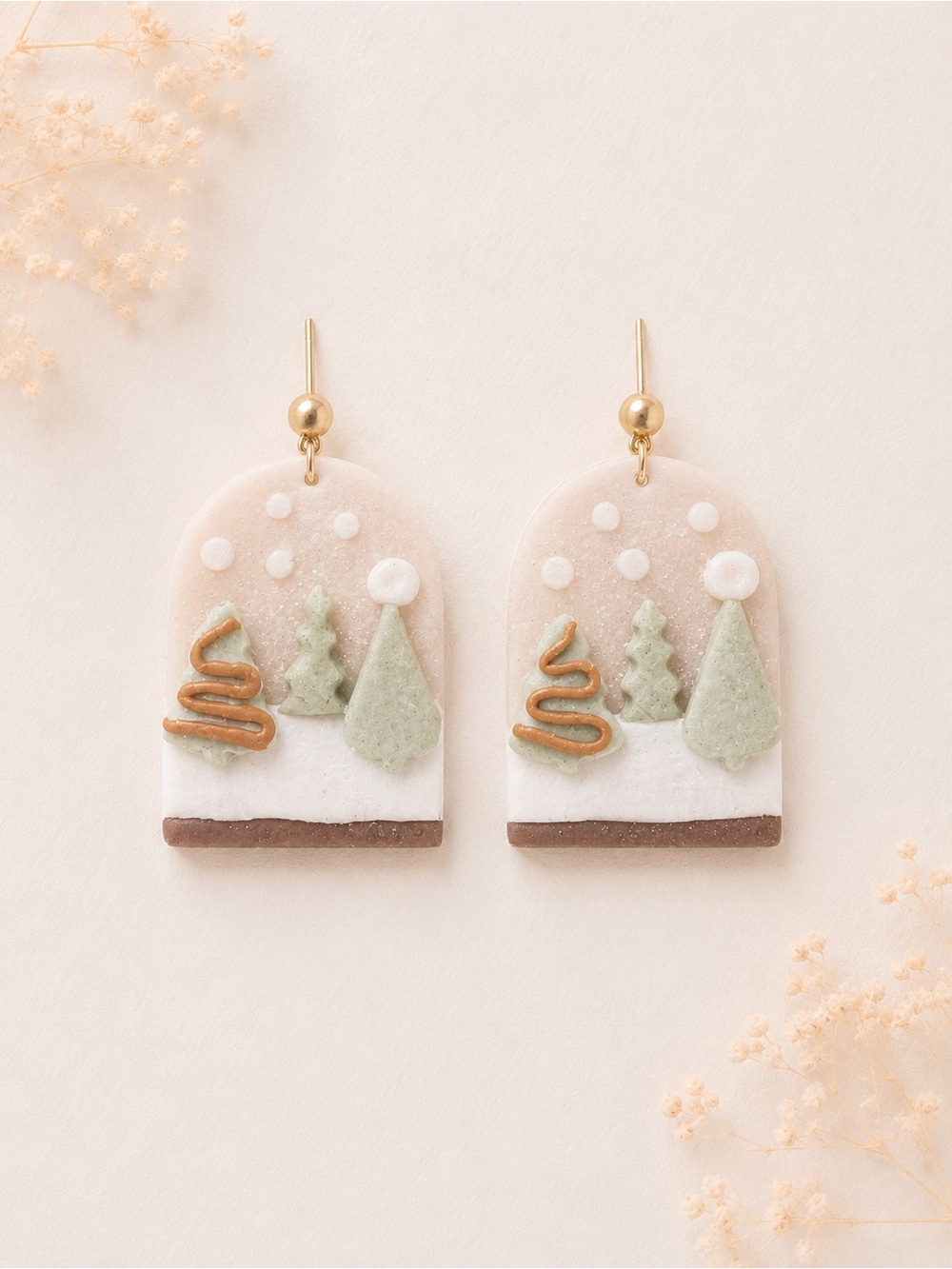 Handmade Winter Tree Dangle Earrings in Pastel Green & Cream